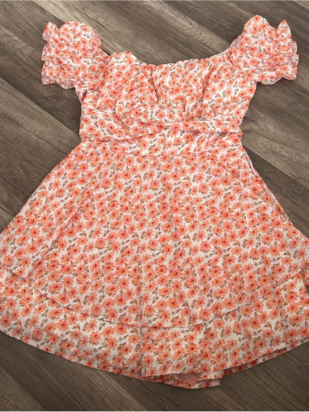 Womens Off-Shoulder Floral Dress in Coral Pink